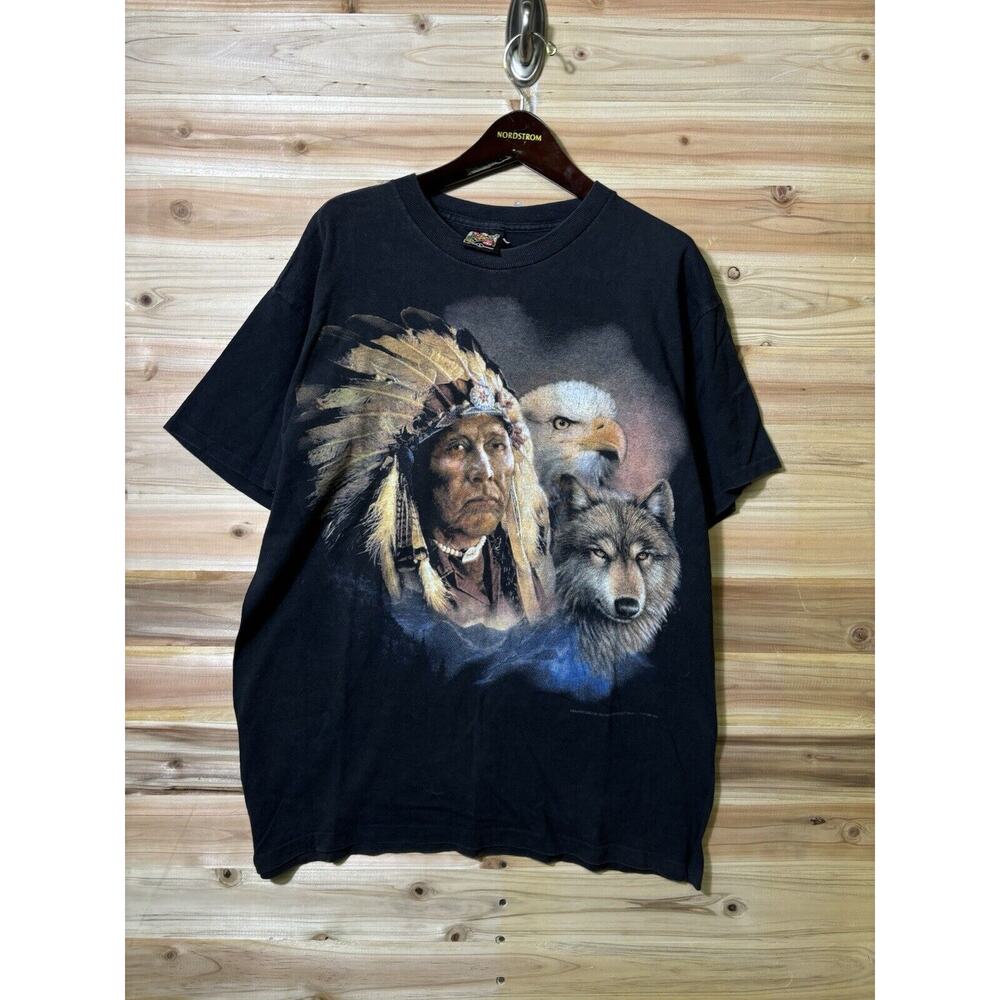 Vintage 1993 3D Emblem Graphic T Shirt Black Short Sleeve Sz L Native Wolf Eagle